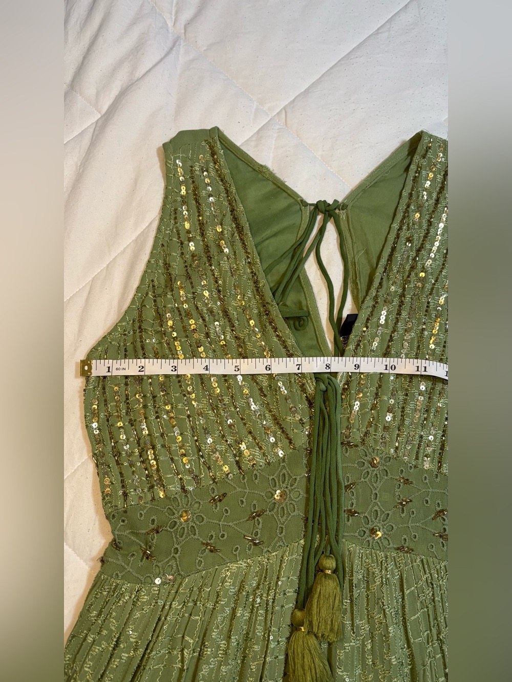 NWT Gorgeous Sage Green and Gold Resort Luxe Tiered Embellished Maxi Dress - Picture 14 of 16